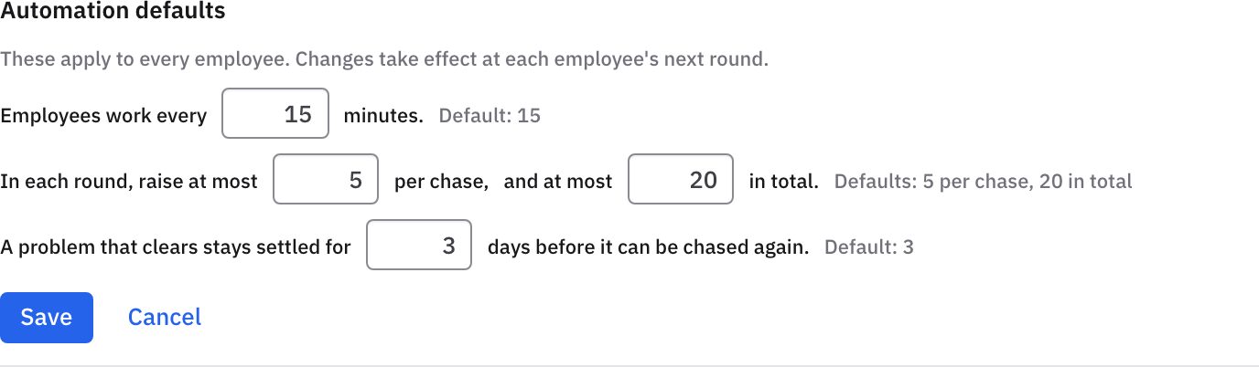 Prodman AI Employees automation defaults settings screen