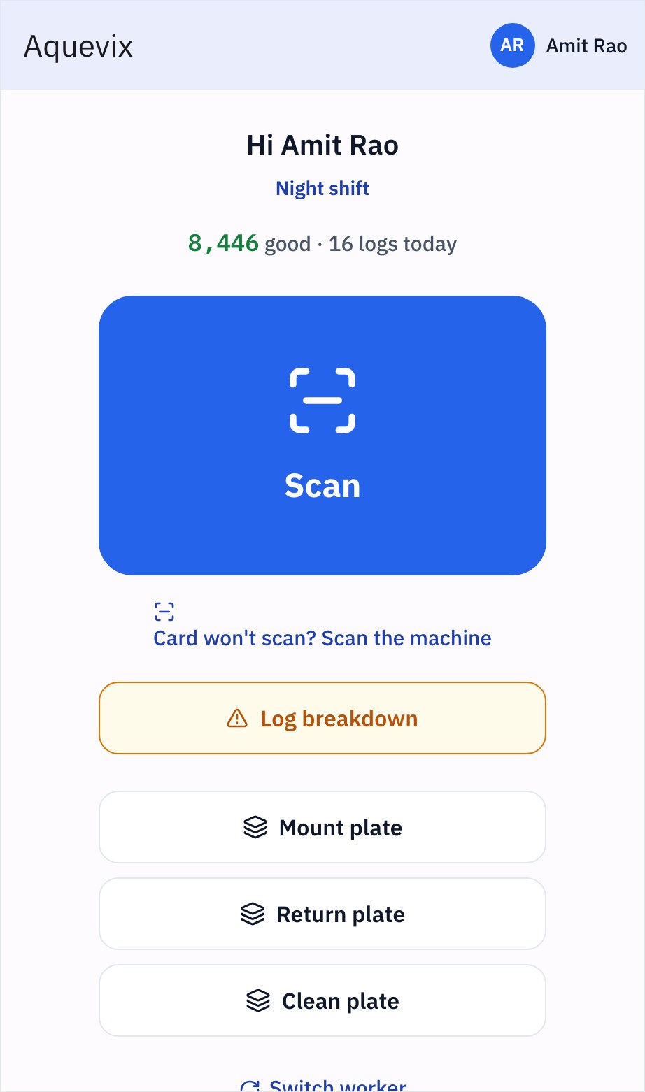 Prodman shop-floor capture screen on a tablet during an active job