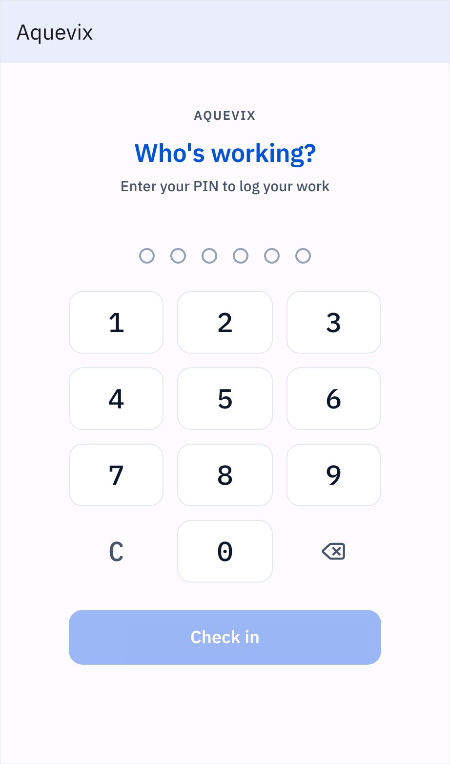 Prodman floor PIN check-in keypad on shared rugged tablet