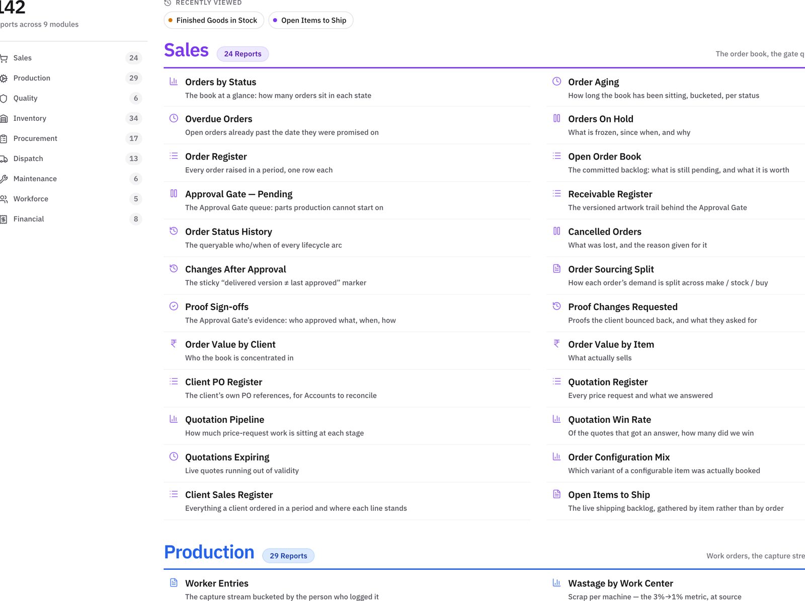 Prodman Report Library screen from the live manufacturing app
