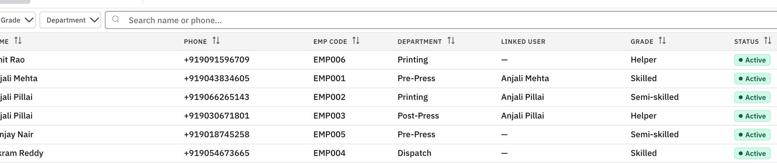 Prodman Worker Register screen from the live manufacturing app